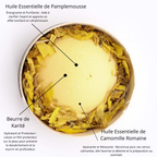 Boule de bain effervescente jaune Pamplemousse Camomille Romaine, beurre de karité, bain énergisant apaisant.