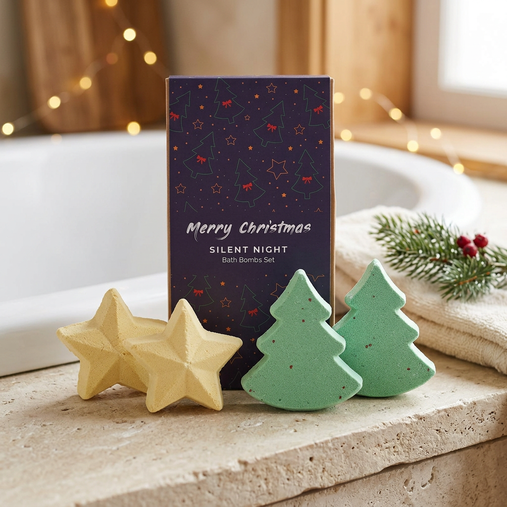 Coffret Douce Nuit de Noël – 4 bombes de bain étoiles & sapin