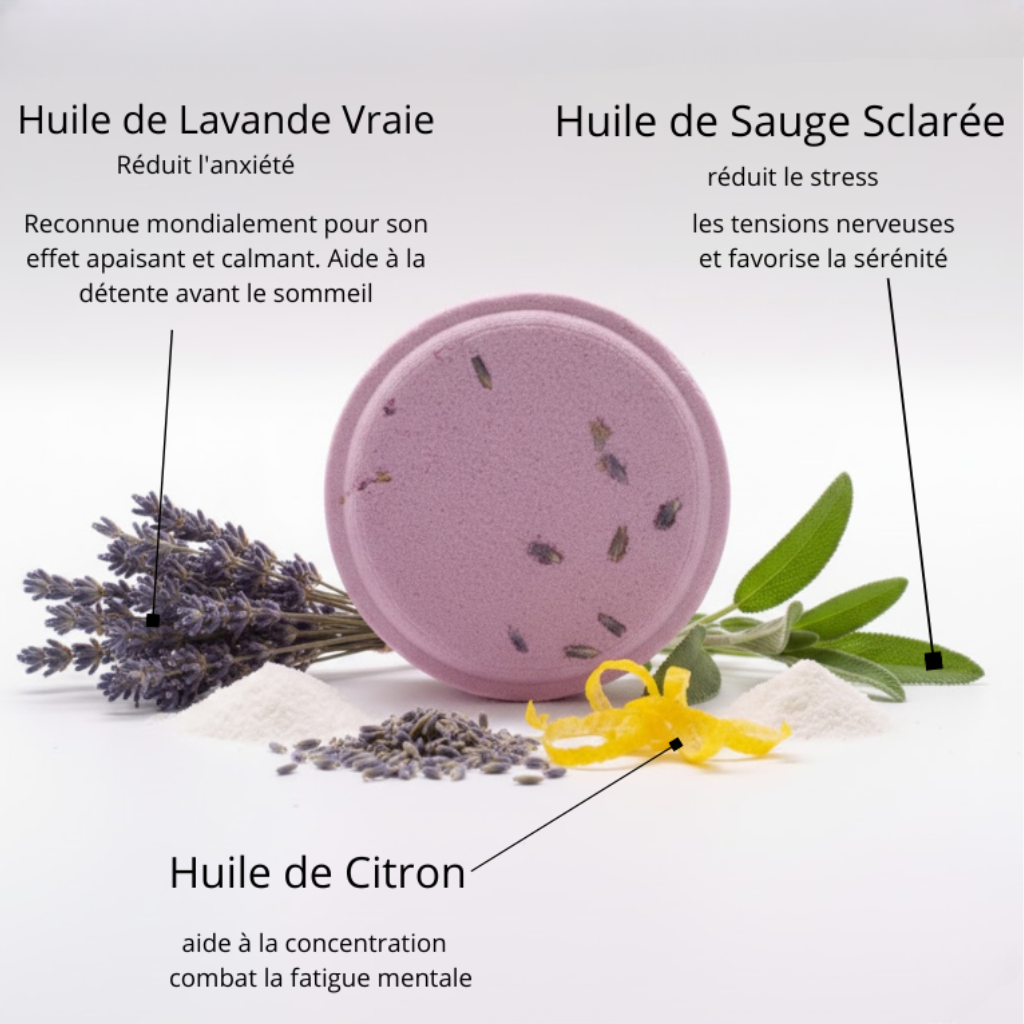 galet de douche à base de lavande reconnue pour réduire le stress et l'anxiété, il aide également à réduire la fatigue mentale. Effet apaisant et calmant
