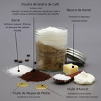 gommage exfoliant pour le corps, naturel et vegan. A base de beurre de karité d'huile de noyau de pêche et avocat. Poudre de café pour tonifier et améliorer la cellulite