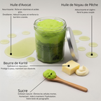 gommage exfoliant au beurre de karité, nourrissant  réparateur à base d'huile d'avocat et de pêche