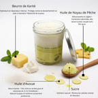 gommage exfoliant pour le corps. Riche en huile d'avocat et de pêche il nourrit hydrate et élimine les peaux mortes