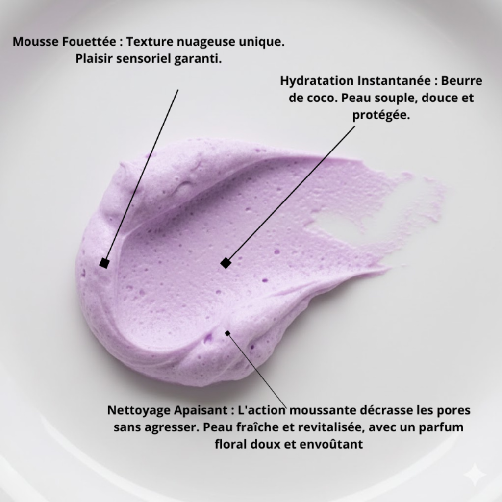 savon chantilly à la violette hydratante au beurre de coco, nettoyant et apaisant
